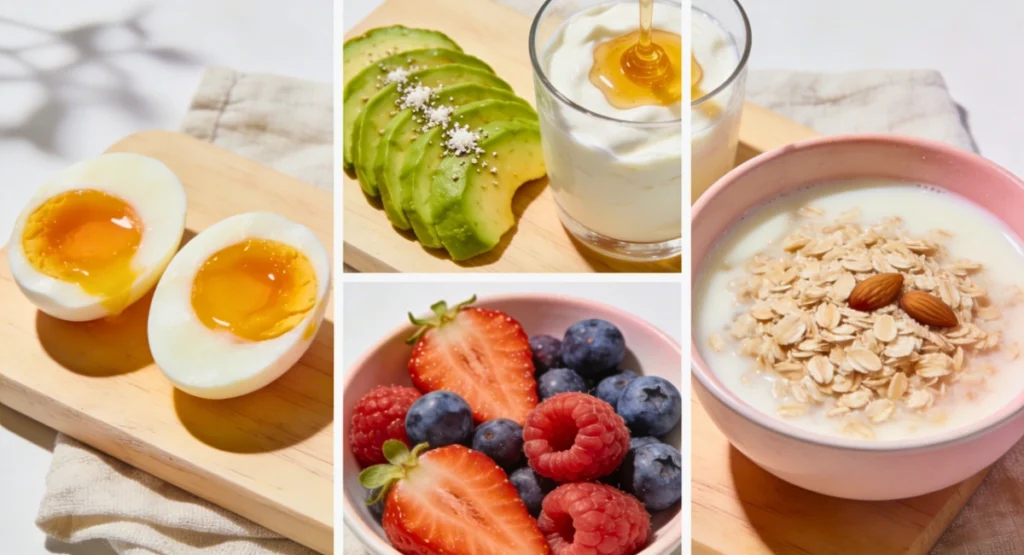 5 Breakfasts That Keep You Full for Hours (No More Mid-Morning Hunger) Healthy breakfast ideas that keep you full including eggs, yogurt, oats, berries, and avocado