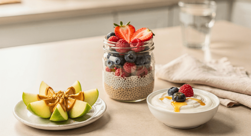 healthy snack ideas that keep you full longer and help reduce sugar cravings including chia pudding yogurt and nuts