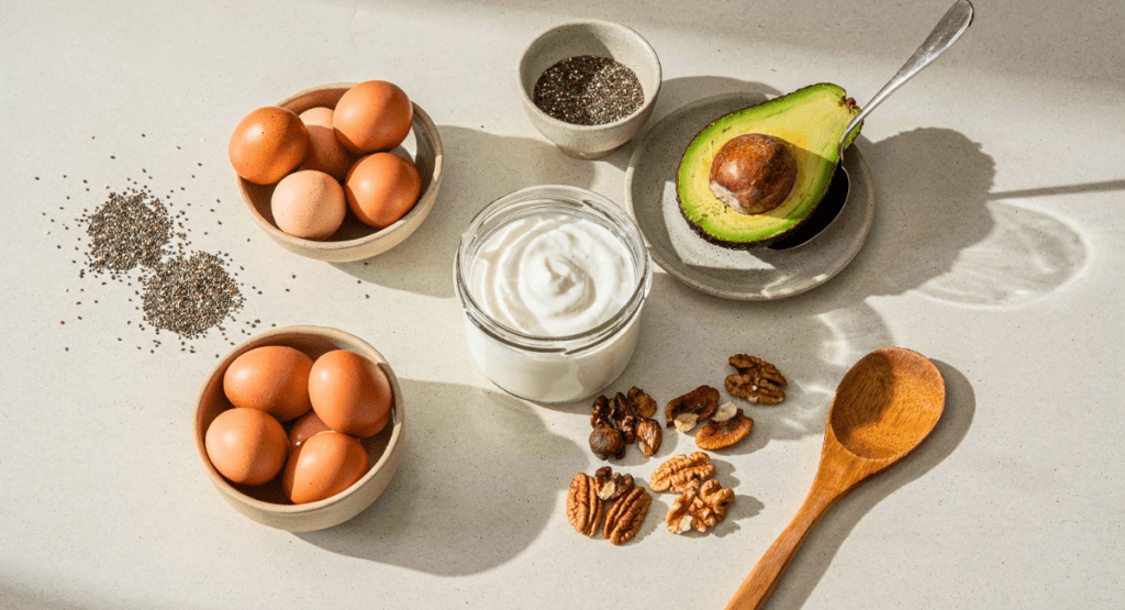 foods that help stabilize blood sugar including eggs yogurt chia seeds avocado and nuts for reducing hunger