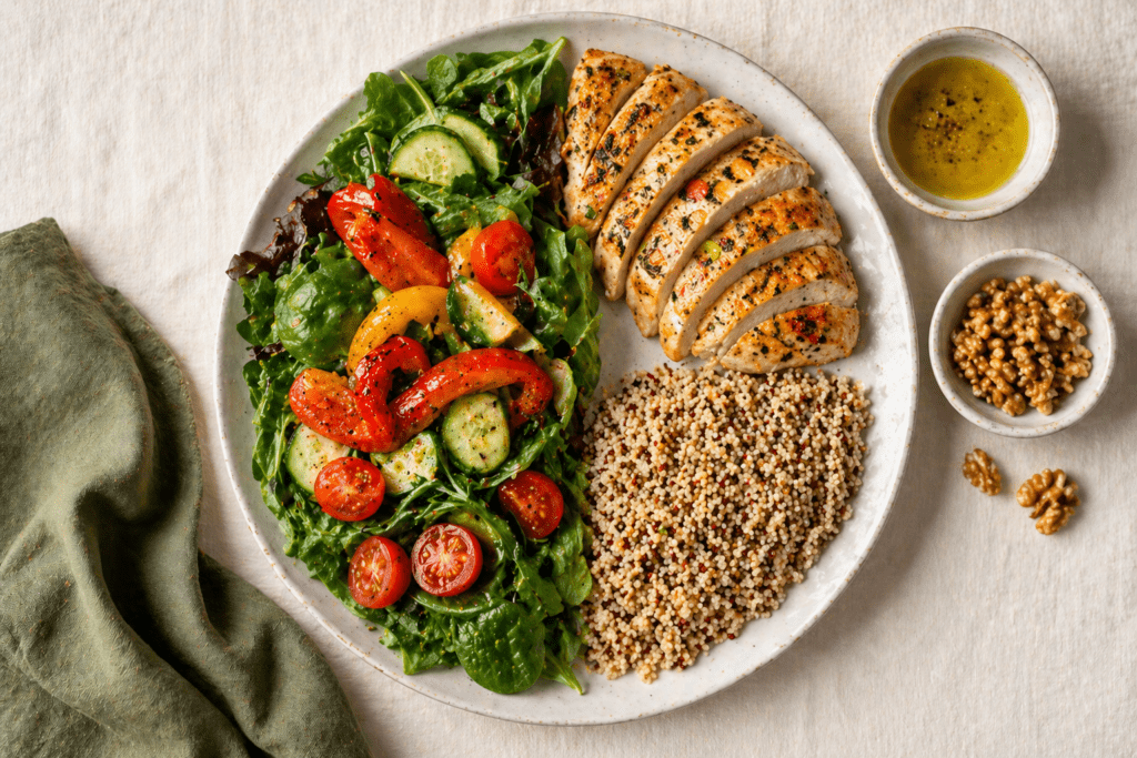 The four parts of a balanced plate — vegetables, protein, smart carbs, and healthy fats