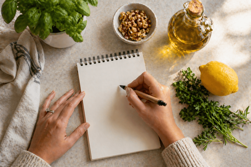 Recipe ideas and ingredients on table