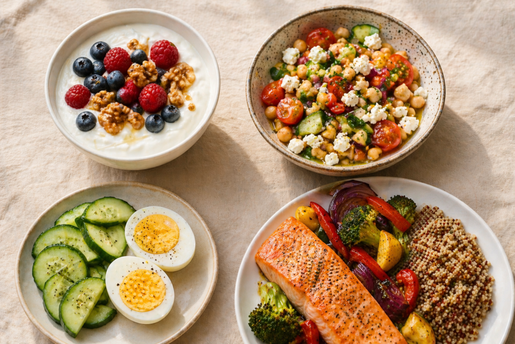 Healthy meal platters with salmon