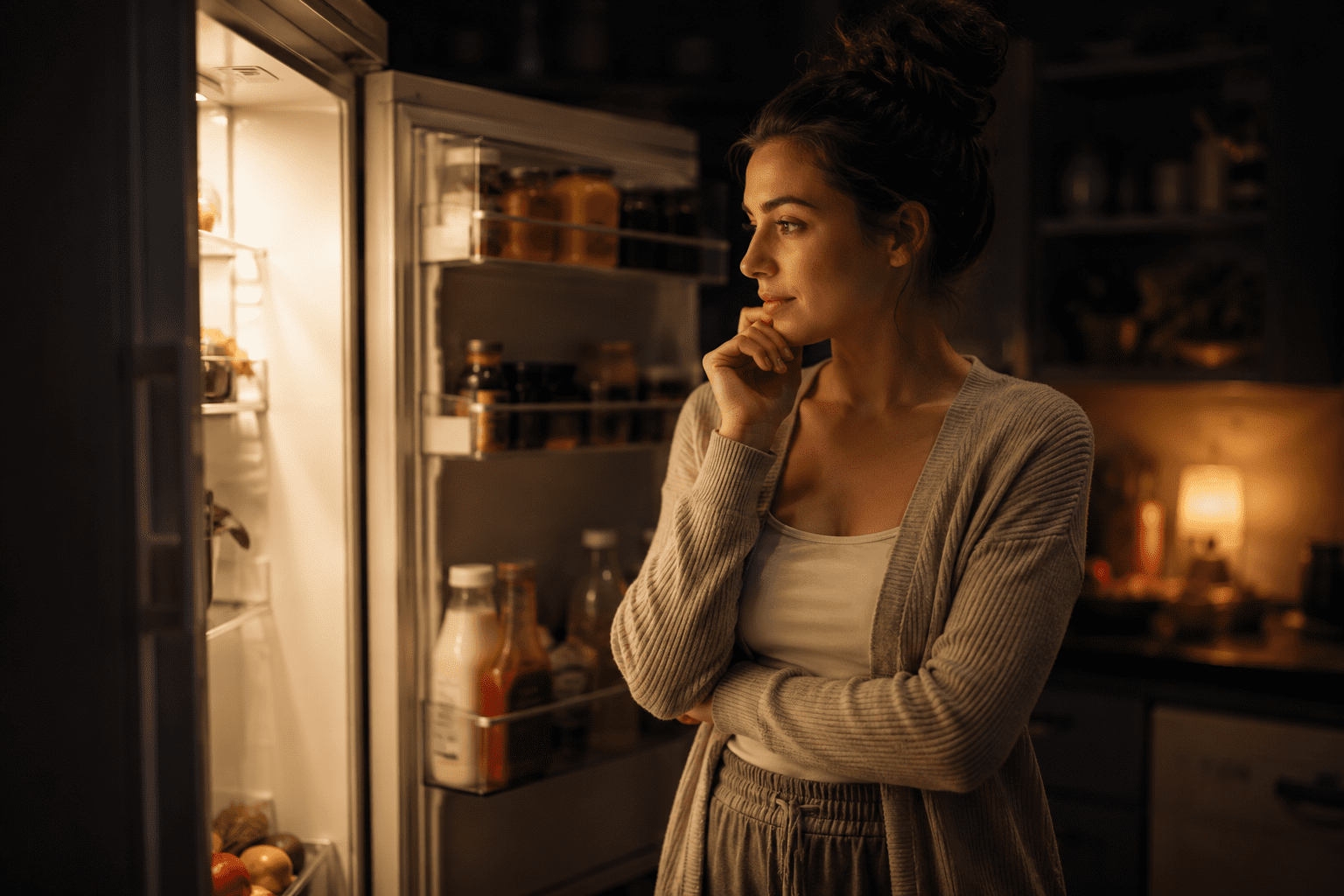 Why Am I Still Hungry After Eating? 5 Reasons That Actually Make Sense Woman looking in refrigerator