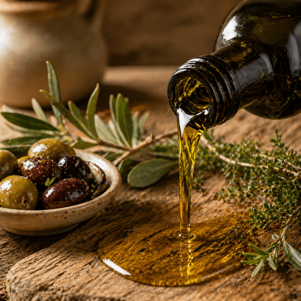 Mediterranean Pantry Essentials: The 15 Staples That Make Healthy Eating Automatic Olive oil being poured over olives