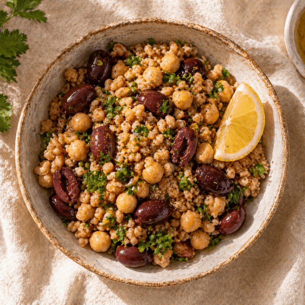Mediterranean Pantry Essentials: The 15 Staples That Make Healthy Eating Automatic Chickpea and olive grain bowl