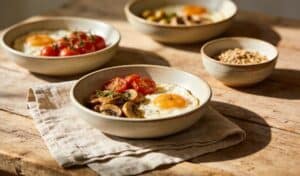 Healthy breakfast bowls with eggs