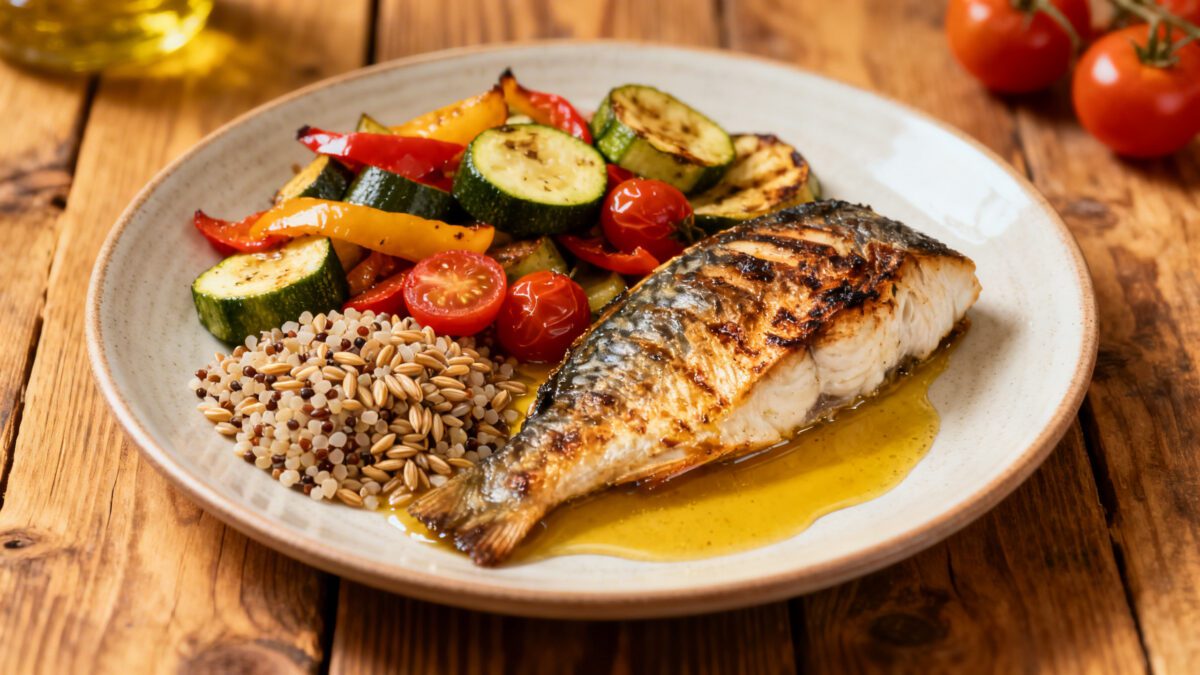 Balanced Mediterranean meal with salmon vegetables quinoa and olive oil for steady energy