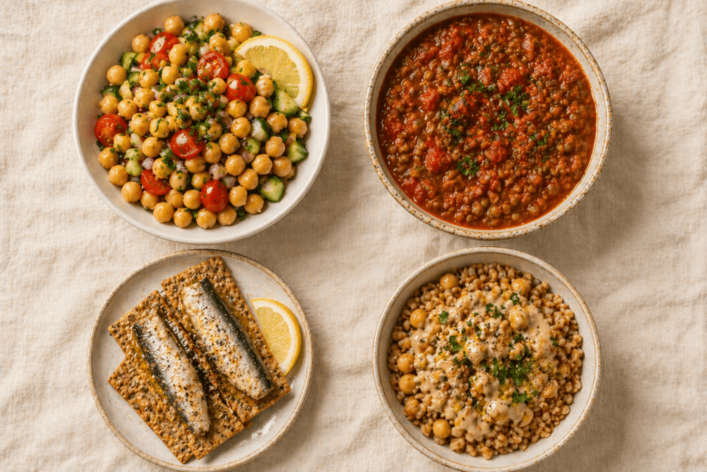 Mediterranean Pantry Essentials: The 15 Staples That Make Healthy Eating Automatic Four bowls of food.