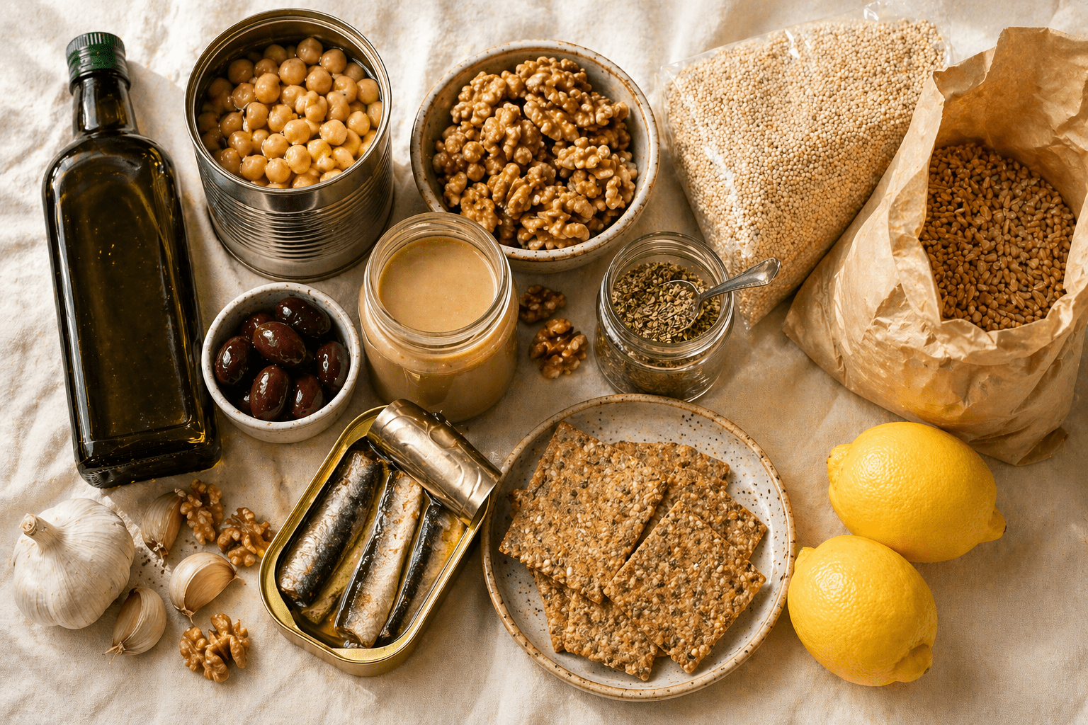 Healthy pantry staples arranged flat lay.