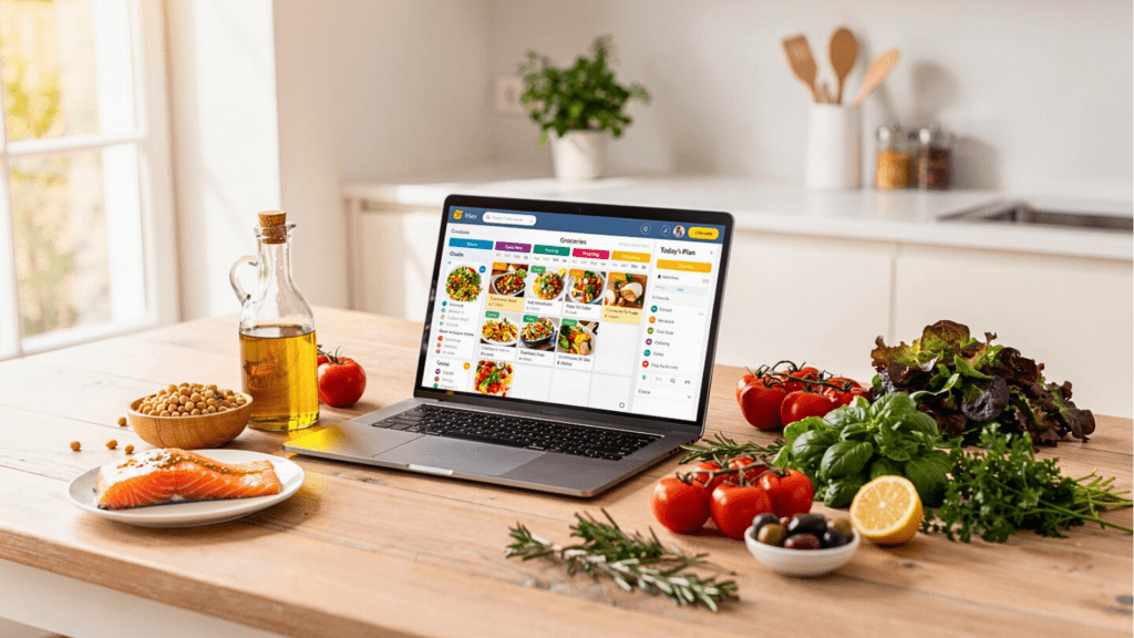 Mediterranean meal planning with healthy ingredients and digital planner