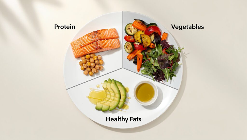 Mediterranean plate formula with protein vegetables and healthy fats