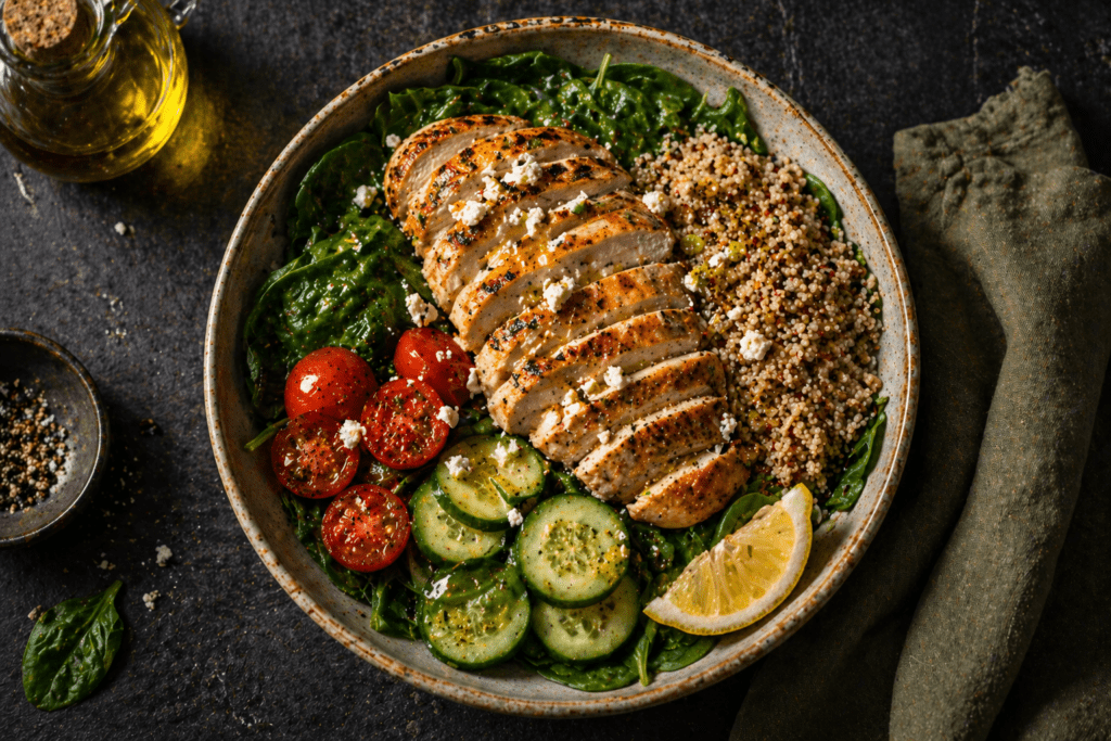 Mediterranean grain bowl example using the balanced plate method