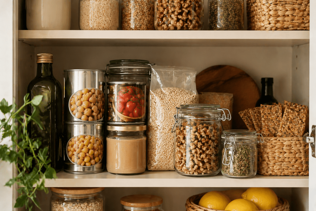 Mediterranean Pantry Essentials: The 15 Staples That Make Healthy Eating Automatic Pantry with food jars.