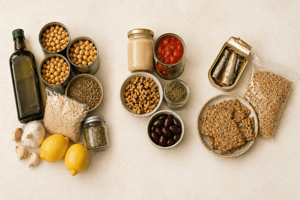 Mediterranean Pantry Essentials: The 15 Staples That Make Healthy Eating Automatic Pantry staples assortment overhead shot.