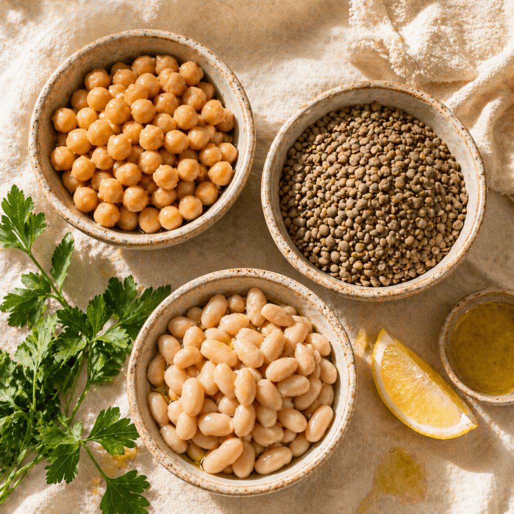 Mediterranean Pantry Essentials: The 15 Staples That Make Healthy Eating Automatic Bowls of chickpeas, lentils, and beans