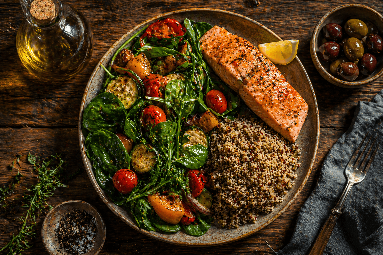 The four parts of a balanced plBalanced plate method with protein, fiber, healthy fats, and complex carbs — Mediterranean meal structure