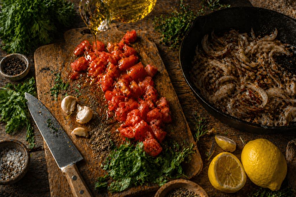 Mediterranean kitchen tools in use — cutting board, chef's knife, skillet