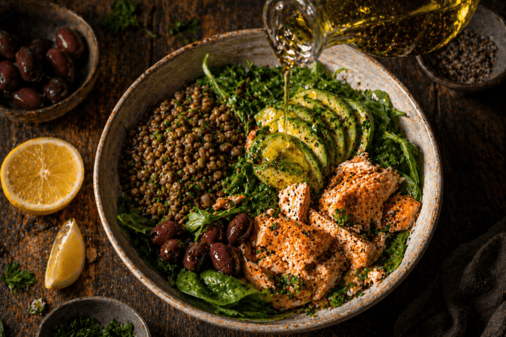 Salmon and lentil salad bowl