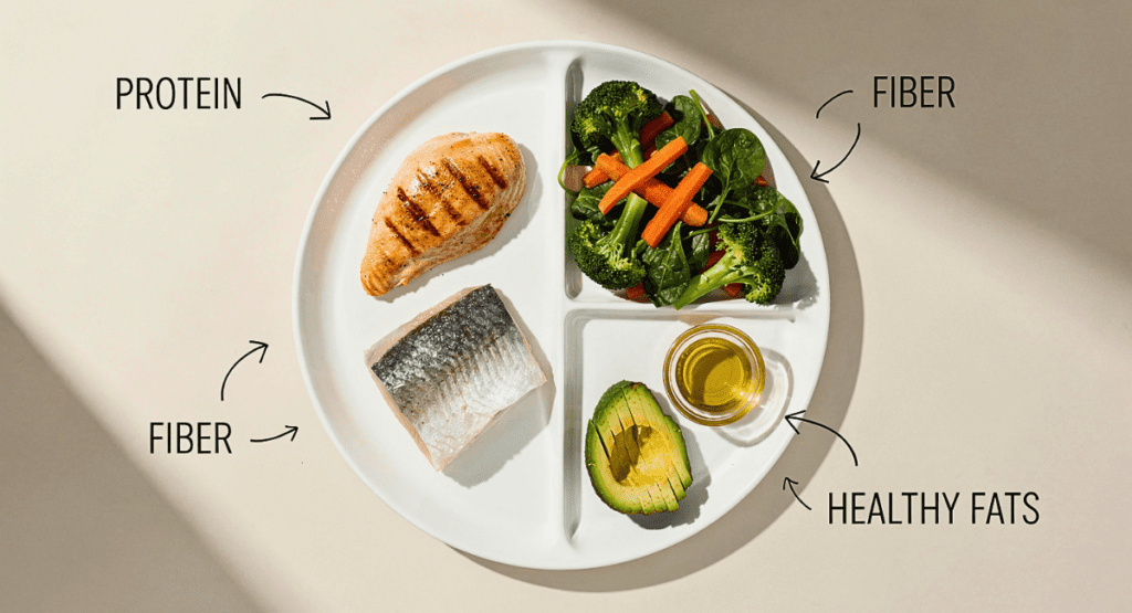 balanced plate with protein fiber and healthy fats for stable blood sugar and long lasting fullness