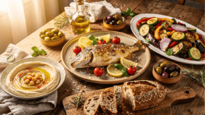 Mediterranean balanced meal with fish vegetables olive oil and whole grains