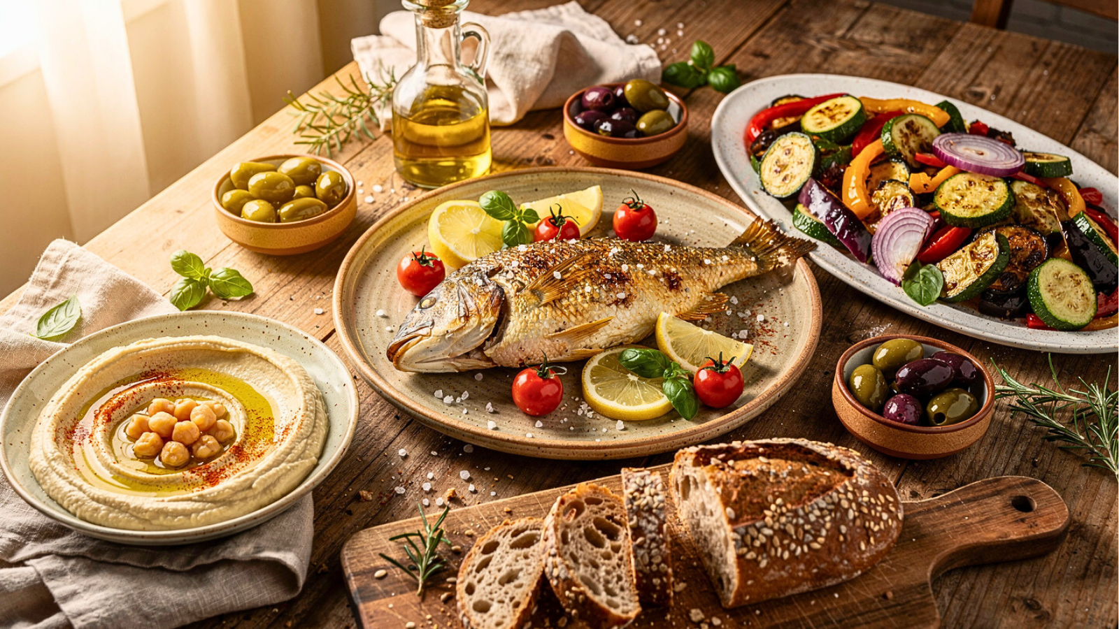 Mediterranean balanced meal with fish vegetables olive oil and whole grains