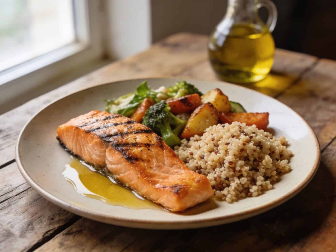 Healthy balanced plate with grilled salmon, quinoa, and roasted vegetables for sustained energy.