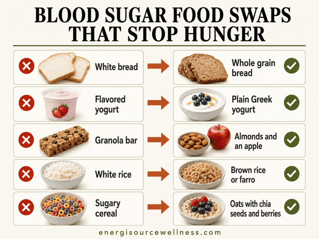 How to Balance Blood Sugar to Stop Hunger and Cravings (The Real Fix Nobody Talks About) Blood sugar balancing food swaps chart showing Mediterranean whole food alternatives that stop hunger and cravings naturally