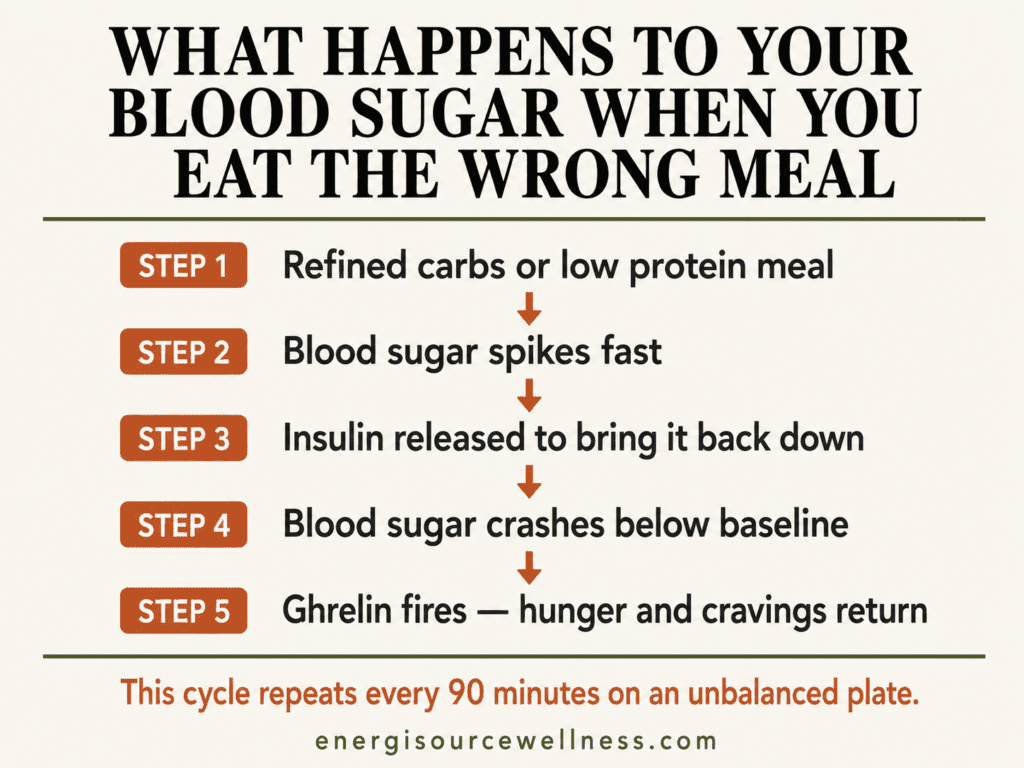 How to Balance Blood Sugar to Stop Hunger and Cravings (The Real Fix Nobody Talks About) Blood sugar spike and crash cycle diagram showing how refined carbs trigger ghrelin hunger and cravings after eating