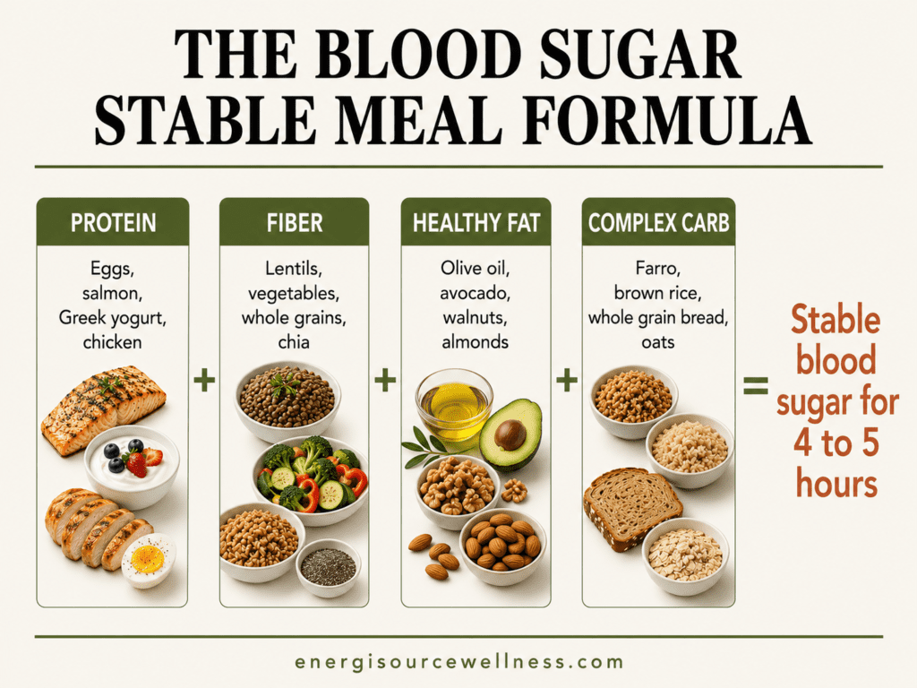 How to Balance Blood Sugar to Stop Hunger and Cravings (The Real Fix Nobody Talks About) Blood sugar stable meal formula showing protein fiber healthy fat and complex carb Mediterranean combination for 4 to 5 hours of fullness