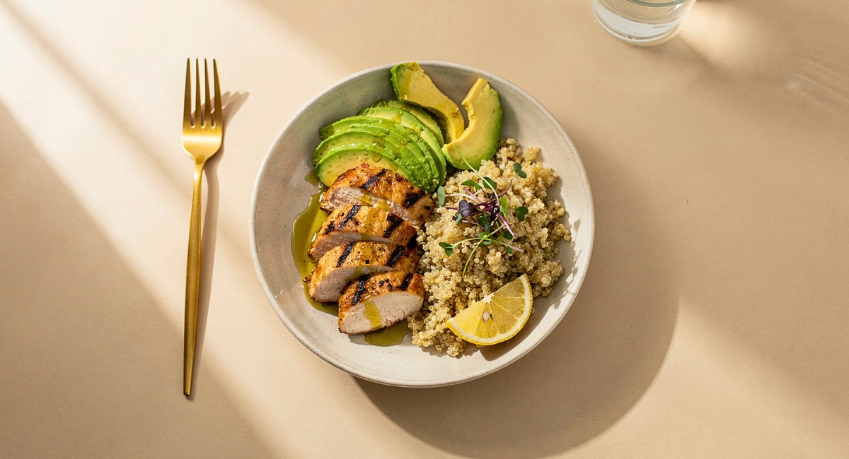 balanced meal with protein fiber and healthy fats that helps stabilize blood sugar and keep you full longer