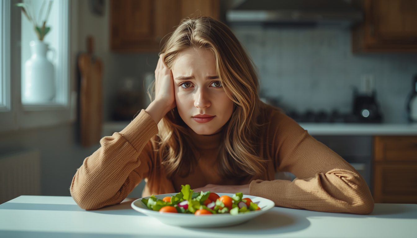 Woman sadly looks at salad