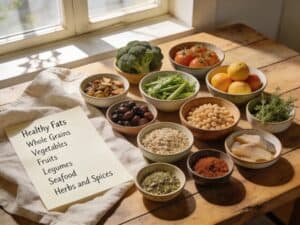Mediterranean diet grocery list ingredients with olive oil vegetables and grains