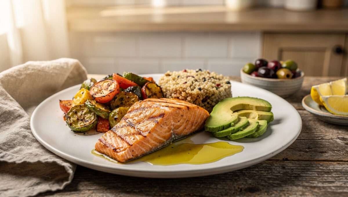 Balanced Mediterranean meal showing protein, fiber, and healthy fats that help keep you full for hours.