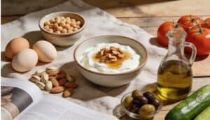 Mediterranean style balanced meal with vegetables olive oil protein and whole foods