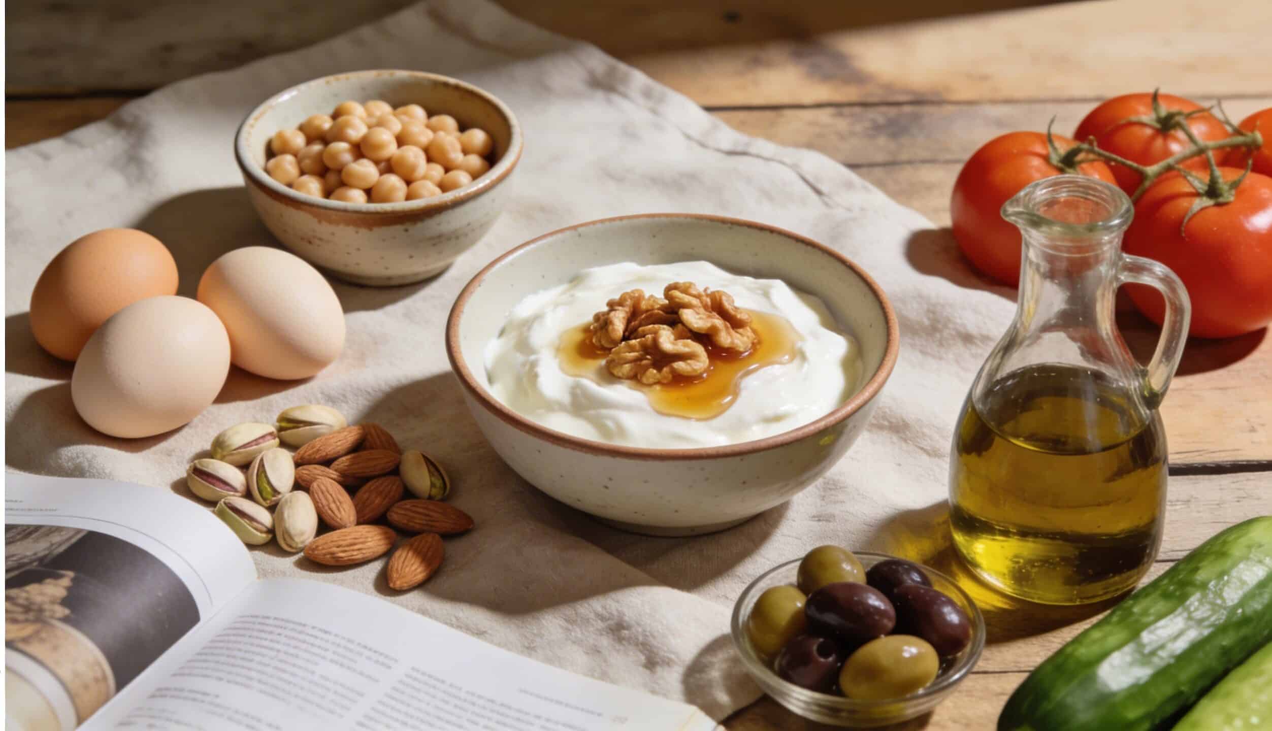 Mediterranean style balanced meal with vegetables olive oil protein and whole foods