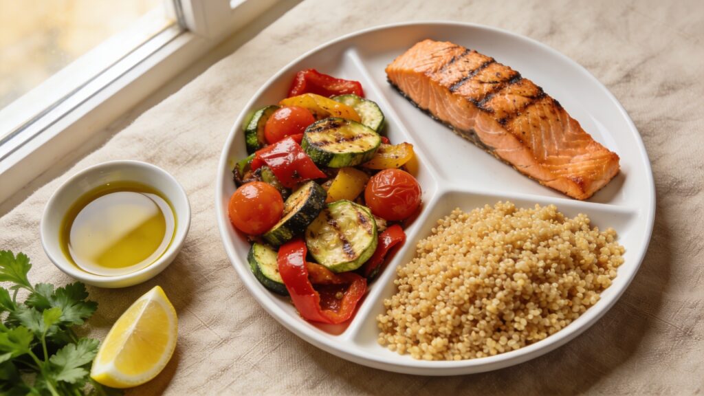 Grilled salmon with quinoa and vegetables