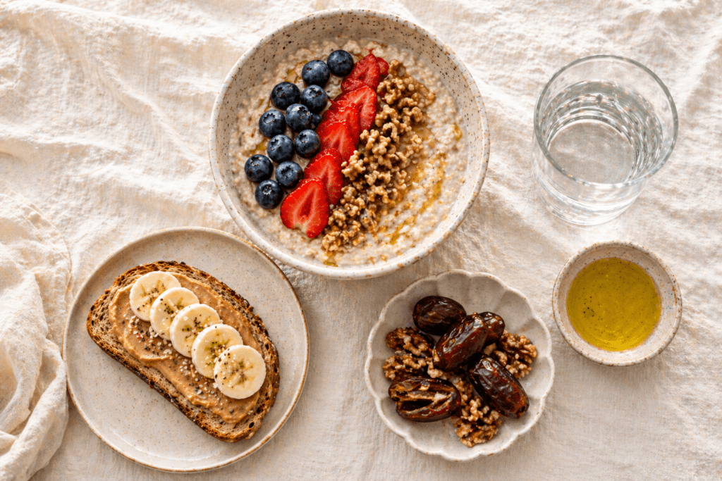 Pre-run Mediterranean fuel options — oats, banana toast, and dates