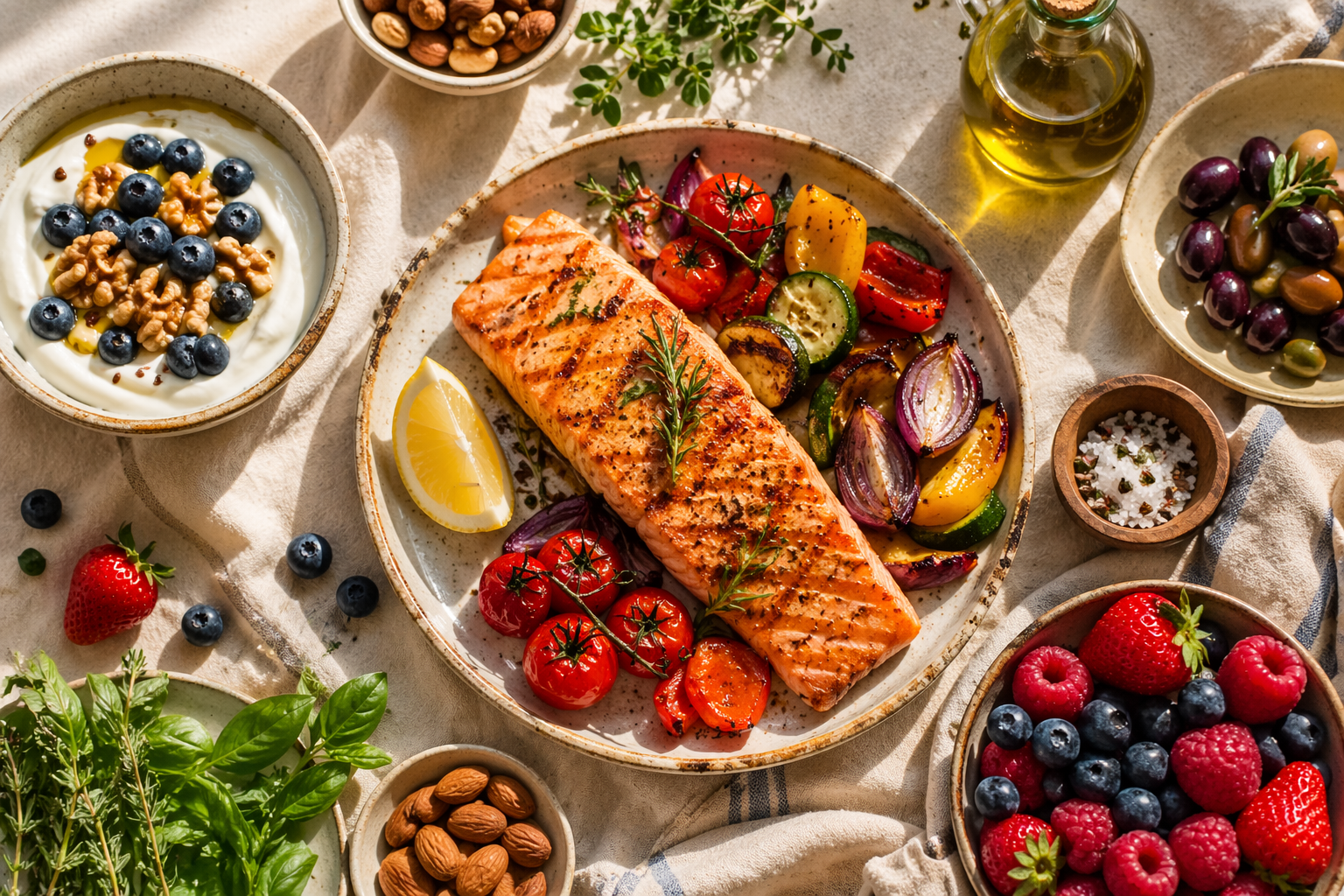 Grilled salmon with fresh vegetables