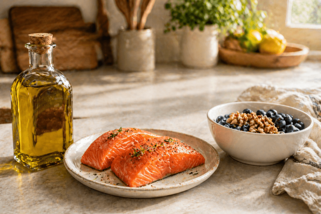 Fresh salmon and blueberries