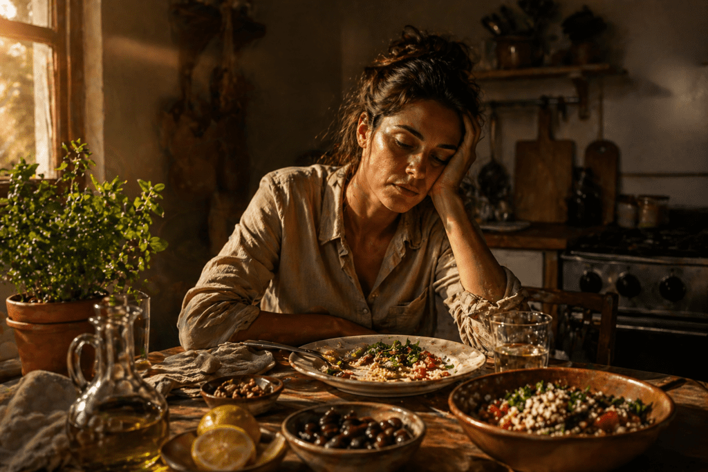 Tired woman with food