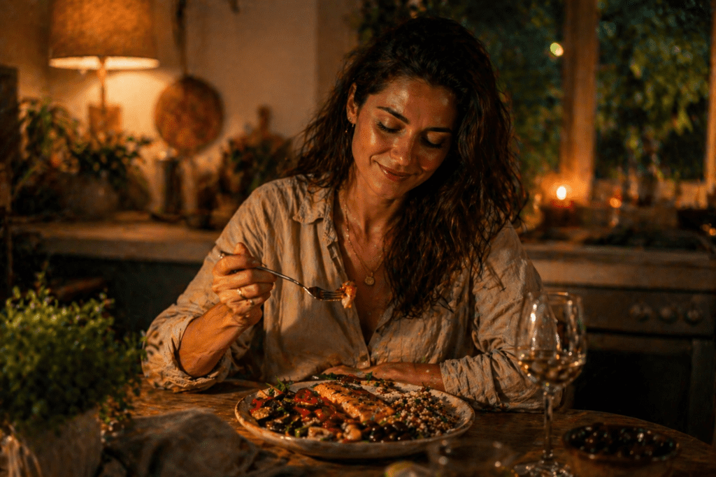 Woman eating Mediterranean dinner with steady energy