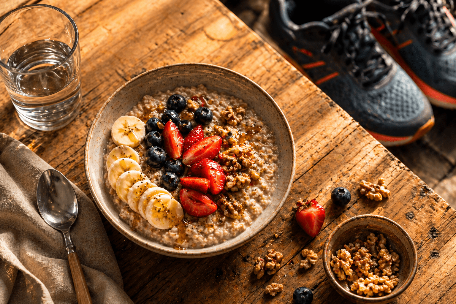 Mediterranean diet for runners — natural pre-run breakfast with oats, berries, and walnuts