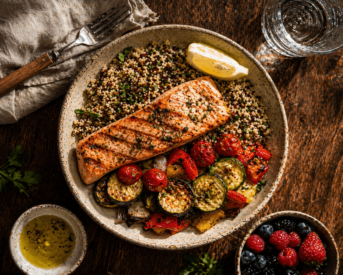 Mediterranean recovery meal for runners — salmon, quinoa, vegetables, olive oil