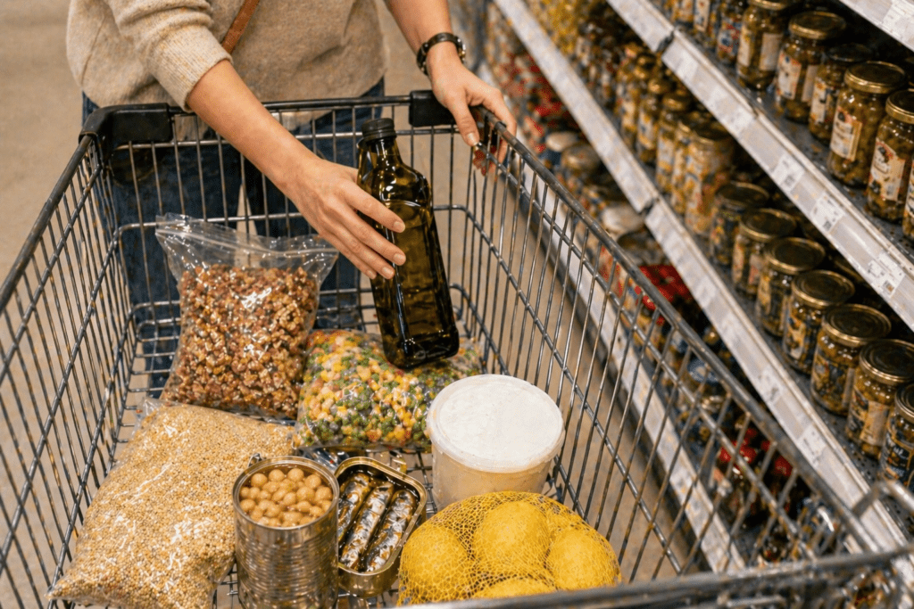 Grocery shopping with full cart
