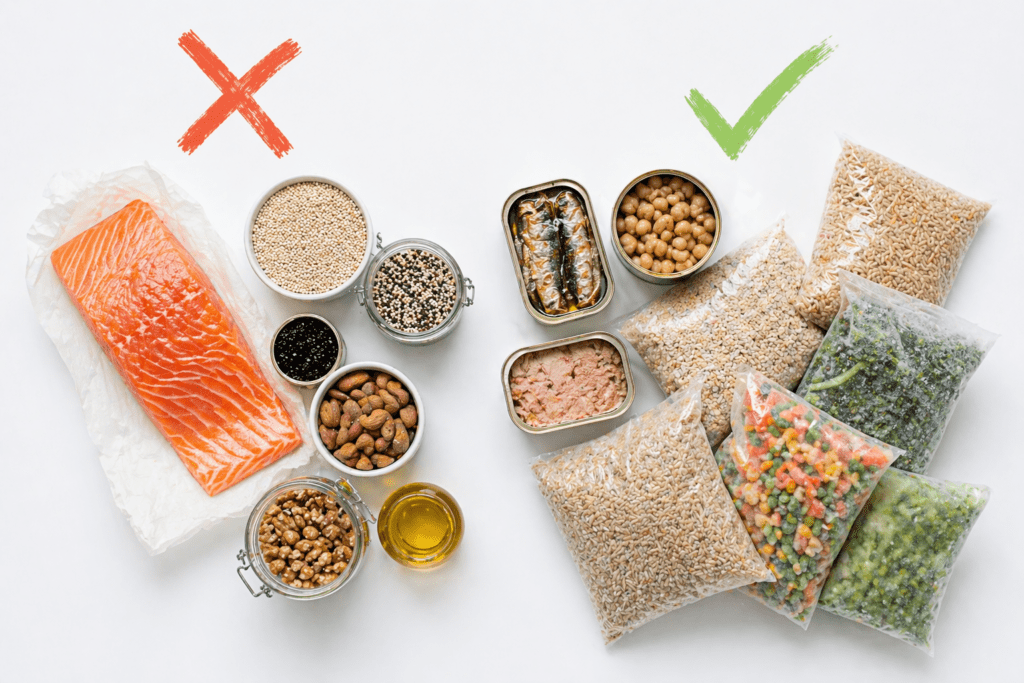 Fish, grains, nuts, and vegetables.