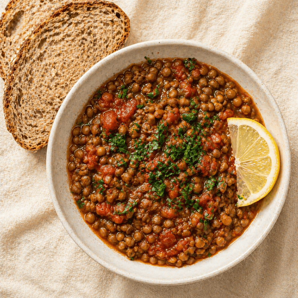Lentil stew with bread slice