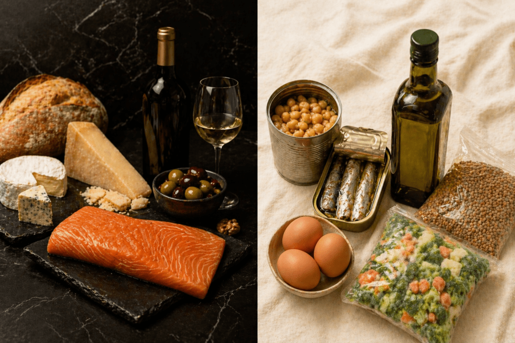 Fish, eggs, vegetables, and grains