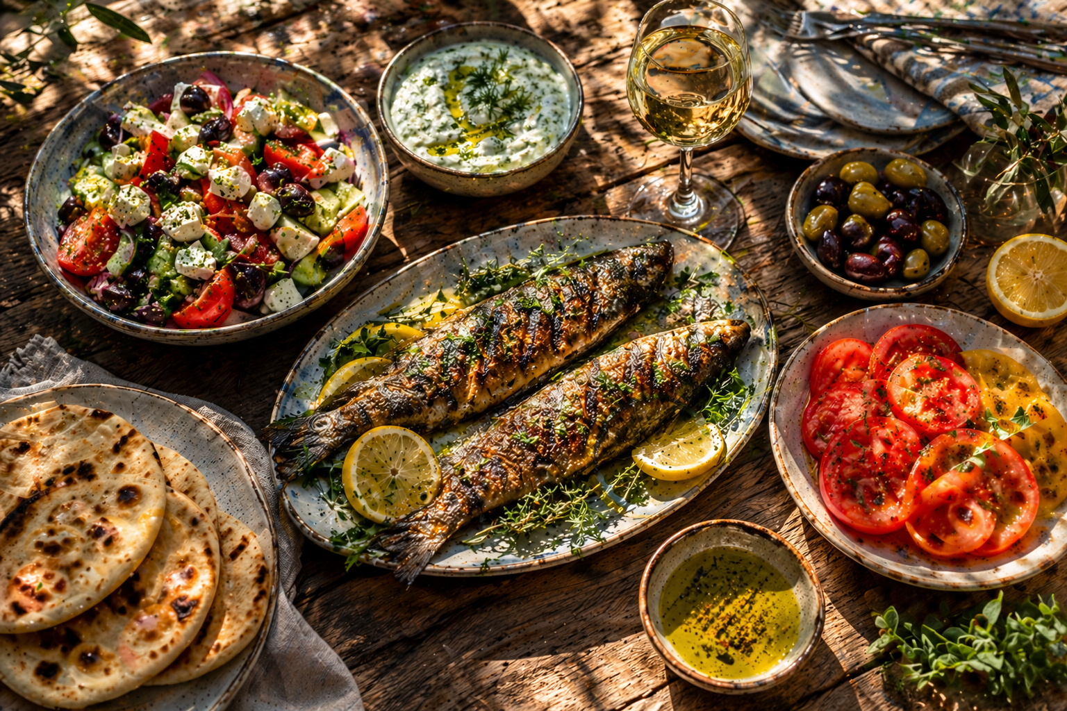 Easy Mediterranean summer dinner spread with grilled fish, Greek salad, and tzatziki