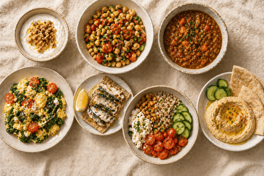 Various healthy Mediterranean dishes