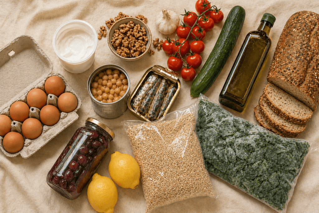 Assortment of healthy groceries laid out.